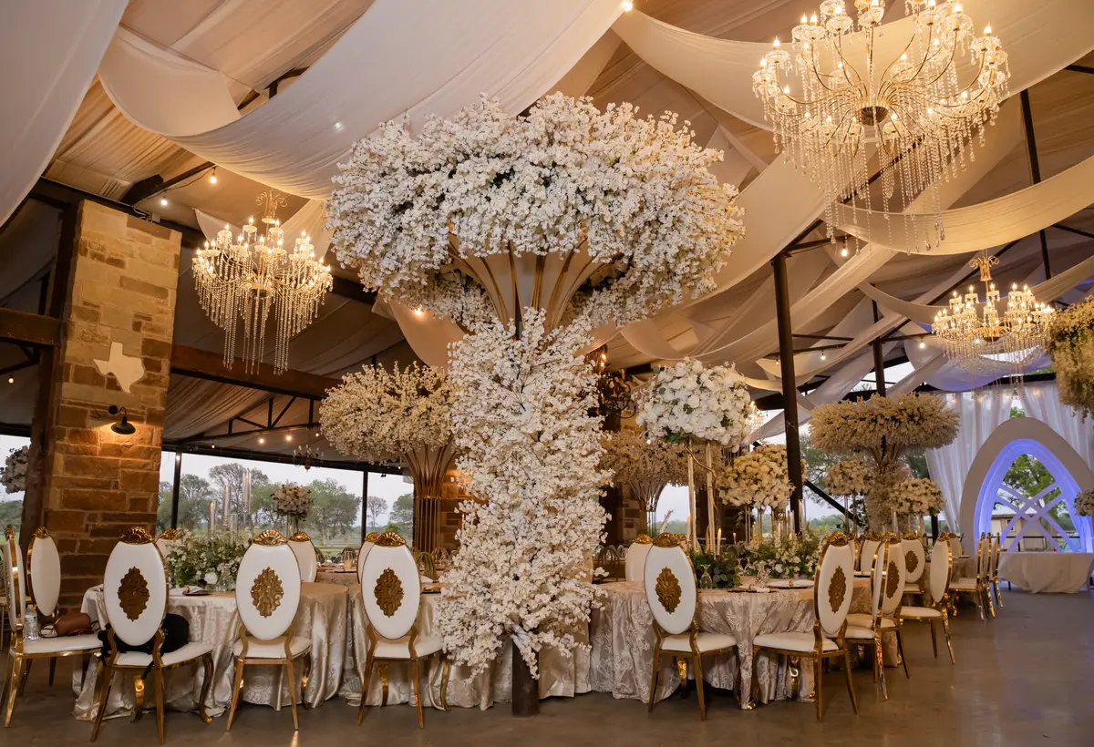 White floral trees and crystal chandeliers