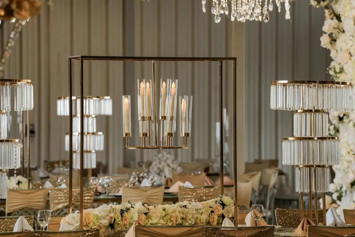 Gold frame candelabra centerpiece